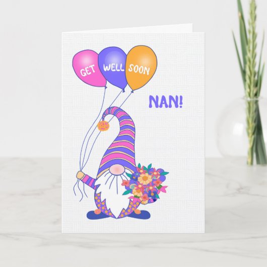 Voor Nan Get Well Gnome Ballonnen Bloemen Kaart (Voorkant)