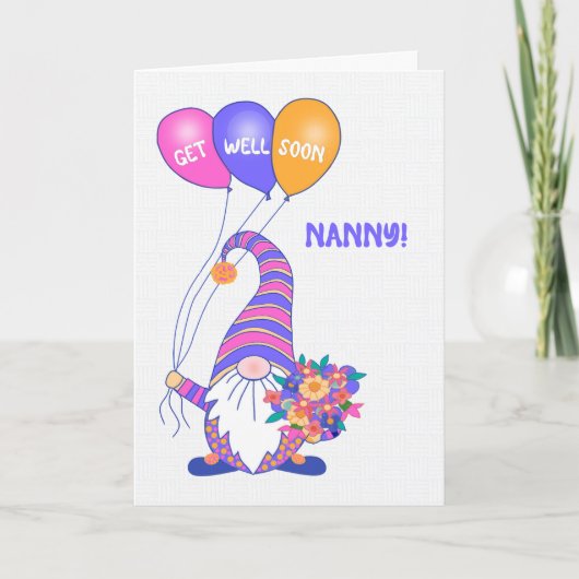 Voor Nanny Get Well Gnome Balloons Flowers Kaart (Voorkant)