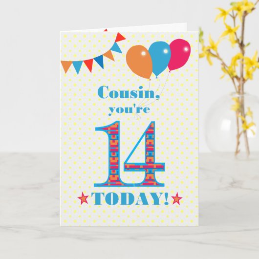 Voor neef 14th Birthday Bunting Balloons Kaart (Gele Bloem)