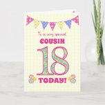 Voor neef 18th Birthday Primroses en Bunting Kaart<br><div class="desc">Een 18e verjaardag-kaart voor je neef, met polka punting, primrose bloemen en getallen gevuld met een primrose patroon, allemaal op een bleek gele check gingham achtergrond. De boodschap aan de voorzijde luidt: "VANDAAG 18 heel speciaal COUSIN!" Het binnenbericht is slechts een suggestie en u kunt het gemakkelijk personaliseren of het...</div>