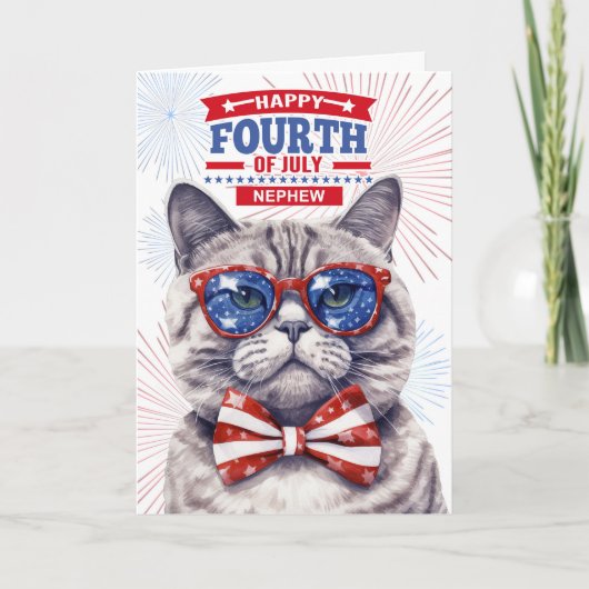 voor Neef 4 juli Schattigee Patriottische Kat Feestdagen Kaart (Voorkant)