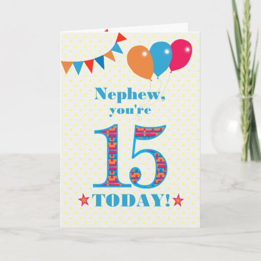 Voor Nephew 15e marthday Bunting Balloons Kaart (Voorkant)