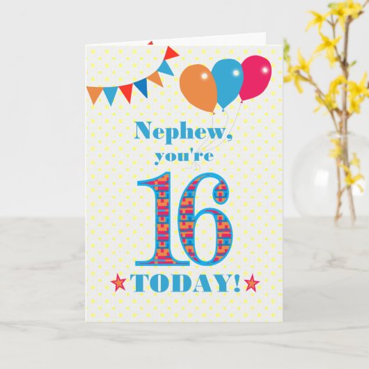 Voor Nephew 16e marthday Bunting Balloons Kaart (Gele Bloem)