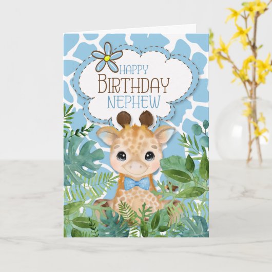 voor Nephew Blue Oerwoud Giraffe Thmed Birthday Kaart (Gele Bloem)