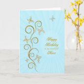 Voor nichtje, Verjaardag met gouden vlinders Kaart (Gele Bloem)