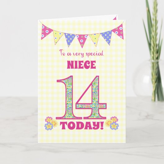 Voor Niece 14th Birthday Primroses Bunting Kaart (Voorkant)