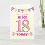 Voor Niece 18th Birthday Primroses and Bunting Kaa Kaart<br><div class="desc">Een 18e Birthday-kaart voor je nichtje, met polka stift, primrose bloemen en getallen gevuld met een primrose patroon, allemaal op een bleke gele check gingham achtergrond. De voorste cover boodschap is: "Naar een zeer speciale NIECE 18 VANDAAG!" Het binnenbericht is slechts een suggestie en u kunt het gemakkelijk personaliseren of...</div>