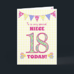 Voor Niece 18th Birthday Primroses and Bunting Kaa Kaart<br><div class="desc">Een 18e Birthday-kaart voor je nichtje, met polka stift, primrose bloemen en getallen gevuld met een primrose patroon, allemaal op een bleke gele check gingham achtergrond. De voorste cover boodschap is: "Naar een zeer speciale NIECE 18 VANDAAG!" Het binnenbericht is slechts een suggestie en u kunt het gemakkelijk personaliseren of...</div>