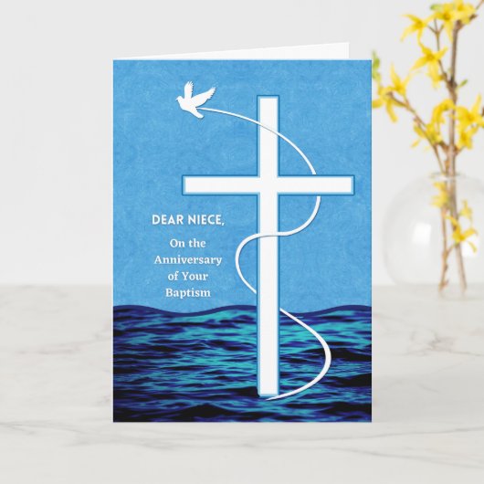 Voor Niece Jubileum of Baptism Dove and Cross Kaart (Gele Bloem)