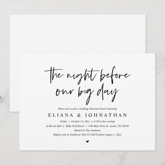 Voor onze grote dag, bruiloft repetitie diner kaart (Voorkant / Achterkant)