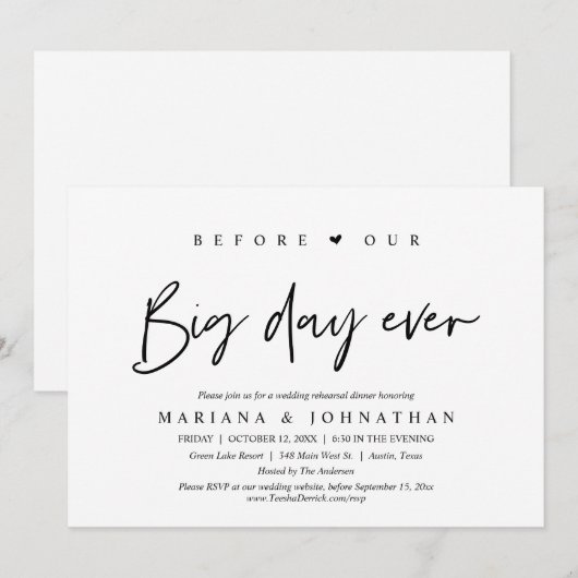 Voor onze grote dag, diner voor de huwelijksrepeti kaart (Voorkant / Achterkant)