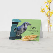 Voor Oom Verjaardag met Blauwe Jay bij Feeder Kaart (Gele Bloem)