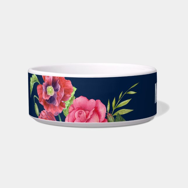 Voor Pet Red en Pink Flowers Donker Navy Blue Voerbakje (Links)