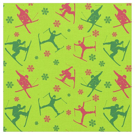 Voor Skiers Ski Tricks Pattern Lime Green Kerstmis Stof (Close Up)