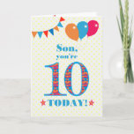 Voor Son 10th Birthday Bunting Balloons Kaart<br><div class="desc">Een kleurrijke verjaardagskaart voor een 10-jarige zoon, het grote getal 10 gevuld met een oranje, rood en blauw patroon, geschetst in fel blauw. Er zijn ballonnen en springen bovenaan, in gelijke kleuren en de dekdekbegroet is: "Zoon, je bent vandaag tien!" in helder rood en blauw letterschrift, op een zeer bleke...</div>