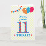 Voor Son 11th Birthday Bunting Balloons Kaart<br><div class="desc">Een kleurrijke verjaardagskaart voor een 11-jarige zoon, het grote getal 11 is gevuld met een oranje, rood en blauw patroon, geschetst in helder blauw. Er zijn ballonnen en springen bovenaan, in gelijke kleuren en de dekdekbegroet is: "Zoon, je bent vandaag 11!" in helder rood en blauw letterschrift, op een zeer...</div>