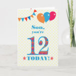 Voor Son 12th Birthday Bunting Balloons Kaart<br><div class="desc">Een kleurrijke verjaardagskaart voor een 12-jarige zoon, het grote getal 12 is gevuld met een oranje, rood en blauw patroon, geschetst in helder blauw. Er zijn ballonnen en springen bovenaan, in gelijke kleuren en de dekdekbegroet is: "Zoon, je bent vandaag 12!" in helder rood en blauw letterschrift, op een zeer...</div>