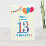 Voor Son 13th Birthday Bunting Balloons Kaart<br><div class="desc">Een kleurrijke verjaardagskaart voor een 13-jarige zoon, het grote getal 13 is gevuld met een oranje, rood en blauw patroon, geschetst in helder blauw. Er zijn ballonnen en springen bovenaan, in gelijke kleuren en de dekplaat aan de voorzijde is: "Zoon, je bent vandaag 13!" in helder rood en blauw letterschrift,...</div>