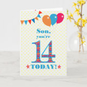 Voor Son 14th Birthday Bunting Balloons Kaart (Gele Bloem)