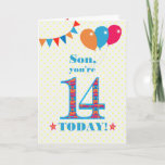 Voor Son 14th Birthday Bunting Balloons Kaart<br><div class="desc">Een kleurrijke verjaardagskaart voor een 14-jarige zoon, het grote getal 14 is gevuld met een oranje, rood en blauw patroon, geschetst in helder blauw. Er zijn ballonnen en springen bovenaan, in gelijke kleuren en de dekdekbegroet is: "Zoon, je bent vandaag 14!" in helder rood en blauw letterschrift, op een zeer...</div>