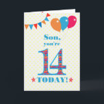 Voor Son 14th Birthday Bunting Balloons Kaart<br><div class="desc">Een kleurrijke verjaardagskaart voor een 14-jarige zoon, het grote getal 14 is gevuld met een oranje, rood en blauw patroon, geschetst in helder blauw. Er zijn ballonnen en springen bovenaan, in gelijke kleuren en de dekdekbegroet is: "Zoon, je bent vandaag 14!" in helder rood en blauw letterschrift, op een zeer...</div>