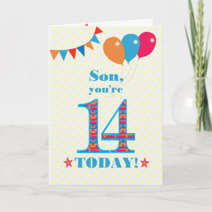 Voor Son 14th Birthday Bunting Balloons Kaart
