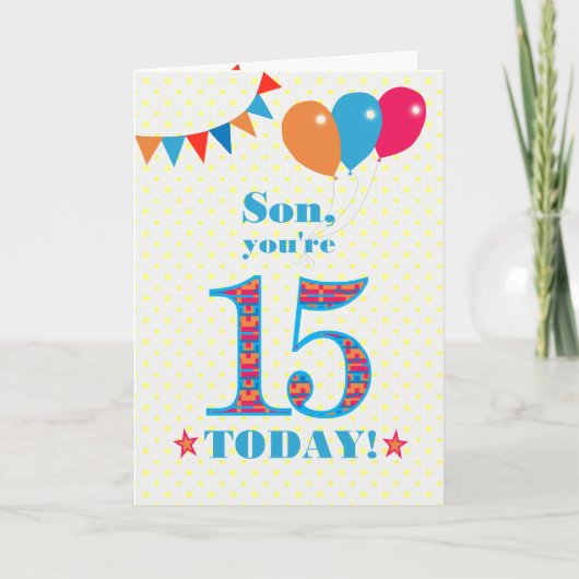 Voor Son 15th Birthday Bunting Balloons Kaart (Voorkant)