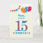 Voor Son 15th Birthday Bunting Balloons Kaart<br><div class="desc">Een kleurrijke verjaardagskaart voor een 15-jarige zoon, het grote getal 15 is gevuld met een oranje, rood en blauw patroon, geschetst in helder blauw. Er zijn ballonnen en springen bovenaan, in gelijke kleuren en de dekplaat aan de voorzijde is: "Zoon, je bent vandaag 15!" in helder rood en blauw letterschrift,...</div>