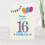 Voor Son 16th Birthday Bunting Balloons Kaart<br><div class="desc">Een kleurrijke verjaardagskaart voor een 16-jarige zoon, het grote getal 16 is gevuld met een oranje, rood en blauw patroon, geschetst in helder blauw. Er zijn ballonnen en springen bovenaan, in passende kleuren en de dekdekbegroet is: "Zoon, je bent vandaag 16!" in helder rood en blauw letterschrift, op een zeer...</div>