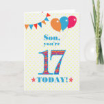 Voor Son 17th Birthday Bunting and Balloons Kaart<br><div class="desc">Een kleurrijke verjaardagskaart voor een 17-jarige zoon, het grote getal 17 is gevuld met een oranje, rood en blauw patroon, geschetst in helder blauw. Er zijn ballonnen en springen bovenaan, in gelijke kleuren en de dekdekbegroet is: "Zoon, je bent vandaag 17!" in helder rood en blauw letterschrift, op een zeer...</div>
