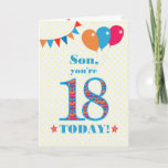 Voor Son 18th Birthday Bunting and Balloons Kaart<br><div class="desc">Een kleurrijke verjaardagskaart voor een 18-jarige zoon, het grote getal 18 is gevuld met een oranje, rood en blauw patroon, geschetst in helder blauw. Er zijn ballonnen en springen bovenaan, in passende kleuren en de dekdekbegroet is: "Zoon, je bent vandaag 18!" in helder rood en blauw letterschrift, op een zeer...</div>