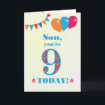 Voor Son 9th Birthday Bunting and Balloons Kaart<br><div class="desc">Een kleurrijke verjaardagskaart voor een 9-jarige zoon met het grote getal 9 gevuld met een oranje, rood en blauw patroon, geschetst in helder blauw. Er zijn ballonnen en springen bovenaan, in gelijke kleuren en de dekdekbegroet is: "Zoon, je bent vandaag negen!" in felblauwe letters, op een zeer bleke gele en...</div>