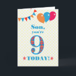 Voor Son 9th Birthday Bunting and Balloons Kaart<br><div class="desc">Een kleurrijke verjaardagskaart voor een 9-jarige zoon met het grote getal 9 gevuld met een oranje, rood en blauw patroon, geschetst in helder blauw. Er zijn ballonnen en springen bovenaan, in gelijke kleuren en de dekdekbegroet is: "Zoon, je bent vandaag negen!" in felblauwe letters, op een zeer bleke gele en...</div>