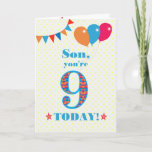 Voor Son 9th Birthday Bunting and Balloons Kaart<br><div class="desc">Een kleurrijke verjaardagskaart voor een 9-jarige zoon met het grote getal 9 gevuld met een oranje, rood en blauw patroon, geschetst in helder blauw. Er zijn ballonnen en springen bovenaan, in gelijke kleuren en de dekdekbegroet is: "Zoon, je bent vandaag negen!" in felblauwe letters, op een zeer bleke gele en...</div>