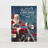 Voor Son Biker Kerstman met Winter Pines Feestdagen Kaart (Voorkant)
