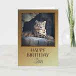 Voor Son Birthday met een sneeuwluipaard Kaart<br><div class="desc">Een verjaardagskaart voor een zoon die een regale sneeuwluipaard toont die in zijn grot ligt.</div>