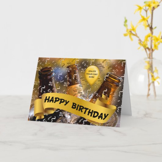 voor Son Bucket of beer Custom Text Birthday Kaart (Gele Bloem)