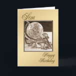 Voor Son, een traditionele verjaardagskaart Kaart<br><div class="desc">Een traditionele verjaardagskaart voor een man met een wereldbol van de aarde,  een boek en sleutels. Alles in sepia voor een mannelijke look.</div>
