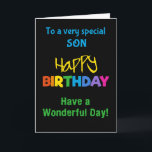 Voor Son Rainbow Kleuren op Zwarte Verjaardag Kaar Kaart<br><div class="desc">Een kleurrijke Verjaardag Kaart voor een Zoon,  met felgekleurde letters op een zwarte achtergrond,  het woord 'happy' in het geel en het woord 'birthday' in regenboogkleuren.</div>