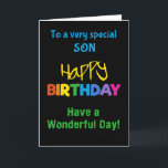Voor Son Rainbow Kleuren op Zwarte Verjaardag Kaar Kaart<br><div class="desc">Een kleurrijke Verjaardag Kaart voor een Zoon,  met felgekleurde letters op een zwarte achtergrond,  het woord 'happy' in het geel en het woord 'birthday' in regenboogkleuren.</div>