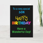 Voor Son Rainbow-kleuren op zwarte verjaardagskaar Kaart<br><div class="desc">Een kleurrijke Birthday-kaart voor een zoon,  met een helder gekleurde letters op een zwarte achtergrond,  het woord 'gelukkig' in geel en het woord 'jarig' in regenboogkleuren.</div>