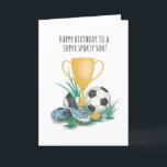 Voor Son Sporty Football Birthday Kaart<br><div class="desc">Een charmante sportief football,  een gelukkige verjaardagskaart. Ideaal voor een speciale jongen. Exclusief ontwerp voor het merk Groene Elephant-Kaarten.</div>