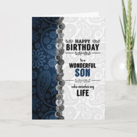 voor Son's Birthday Blue Paisley met Buttonnen Kaart (Voorkant)