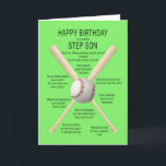 Voor stiefzoon, verjaardagsballengrappen kaart<br><div class="desc">Voor een stiefzoon,  verjaardagskaart.. Een leuke kaart met een honkbal en vleermuizen met heel slechte honkbalgrappen. Een kaart voor de sportman met een gevoel van humor. Bekijk de hele reeks leeftijden en relaties in mijn winkel.</div>