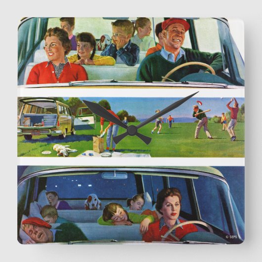 Voor, tijdens en na picknick vierkante klok (Voorkant)