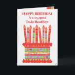 Voor Twin Brother Custom Age Birthday Cake Kaart<br><div class="desc">Je kunt de leeftijd toevoegen aan deze felgekleurde verjaardagskaart voor je tweelingbroer, met een aardbeientaart. De taart heeft veel kaarsen met verschillende patronen en er is een gepatenteerde band rond de taart met kleurrijke zomervruchten - aardbeien, frambozen, limoenen en oranje plakjes. Boven de taart is de begroeting, in rode letters,...</div>