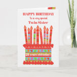 Voor Twin Sister Custom Age Birthday Cake Kaart<br><div class="desc">Je kunt de leeftijd toevoegen aan deze felgekleurde verjaardagskaart voor je tweelingzus, met een aardbeientaart. De taart heeft veel kaarsen met verschillende patronen en er is een gepatenteerde band rond de taart met kleurrijke zomervruchten - aardbeien, frambozen, limoenen en oranje plakjes. Boven de taart is de begroeting, in rode letters,...</div>