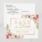 (voor USPS) Elegant Pink Floral Gold Save the Date Aankondigingskaart (Voorkant / Achterkant)