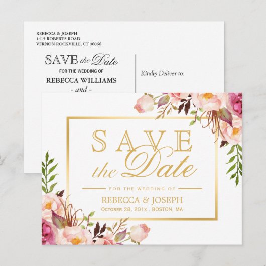 (voor USPS) Elegant Pink Floral Gold Save the Date Aankondigingskaart (Voorkant / Achterkant)