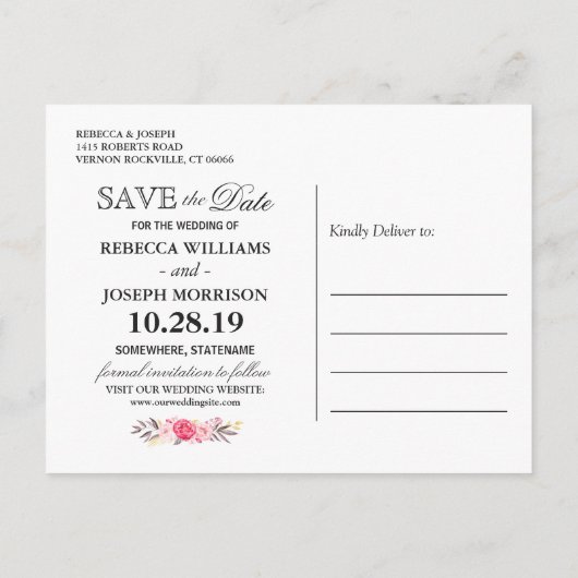 (voor USPS) Elegant Pink Floral Gold Save the Date Aankondigingskaart (Achterkant)